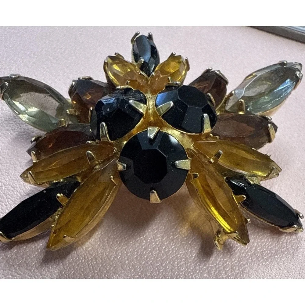 VTG Juliana Topaz Black Orange Rhinestones Floral Brooch Fall Autumn